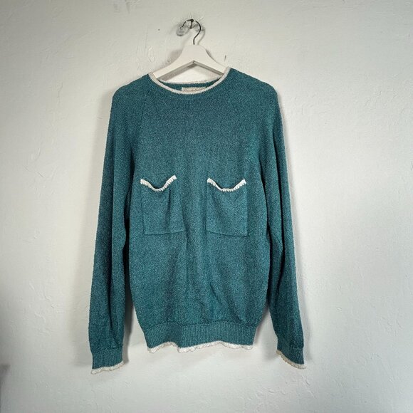 French Rags Women's Size 2 Green Hand Loomed Crew Neck Sweater Patch Pockets USA - Picture 1 of 6